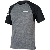 Gray and black Endura SingleTrack short sleeve cycling jersey with logo on chest and contrasting raglan sleeves.