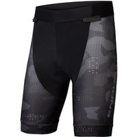 Black and gray camo Endura MTB liner shorts with 550 Series Pad and breathable mesh panels.
