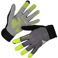 Gray and black Endura Windchill cycling gloves with neon yellow fingertips and reflective accents.