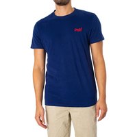 Blue Superdry Essential Logo T-Shirt with red logo on chest, short sleeves, crew neck, paired with beige pants.