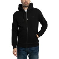 Black Superdry Essential Logo Zip Hoodie with drawstring hood, front zipper, and subtle chest logo.