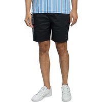 Black Lyle & Scott Everyday Shorts, knee-length with side pockets, worn by a person in a blue striped shirt and white sneakers.