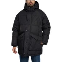 Black Expedition Puffer Parka Jacket by Superdry with hood, front pockets, and quilted design.