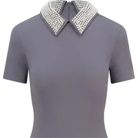 Gray women's top with faux pearl embellished collar and short sleeves by Balou.