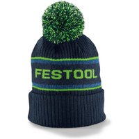 Navy blue Festool bobble hat with green pom-pom, green and blue stripes, and "FESTOOL" text on the front.