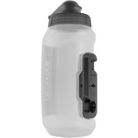 Clear 750ml Fidlock Twist water bottle with black magnetic mount and dark gray cap.