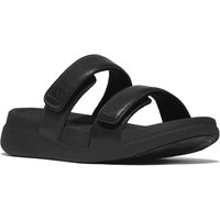 Black FitFlop F-Mode Go sandals with dual adjustable straps and cushioned sole.
