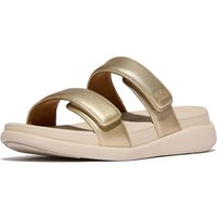 Gold FitFlop F-Mode Go women's sandals with wide straps and cushioned beige sole.