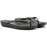 Black FitFlop Iqushion Sparkle flip flops with glittery straps and cushioned rubber sole.