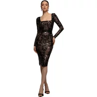 Black fitted midi dress with square neckline, scalloped hem, and long sleeves, featuring intricate lace pattern.
