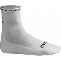 White Fizik Winter Socks with ribbed cuffs and black Fizik logo on the ankle and toe.