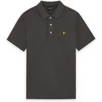 Dark gray Lyle & Scott polo shirt with yellow eagle logo on chest and three-button placket.