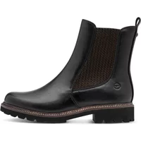 Black flat ankle boots for women by Tamaris, featuring elastic side panels, pull tab, and chunky treaded sole.