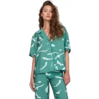 Green floral print women's shirt with short sleeves and button-up front by 24 Colours.