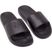 Black Fox Clothing slides with embossed fox head logo on wide strap.