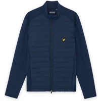 Navy Lyle & Scott full-zip hybrid quilted jacket with ribbed texture and yellow logo on chest.