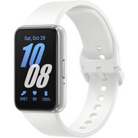 White Samsung Galaxy Fit3 smartwatch with rectangular display, silver casing, and silicone strap showing time and health stats.