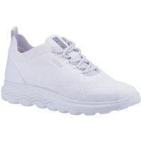 White Geox women's D Spherica A sneakers with knit upper, lace-up design, and wavy sole pattern.