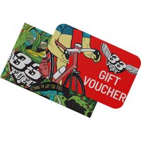Colorful gift voucher with bicycle graphic, red text, and vibrant abstract design featuring numbers and wings.