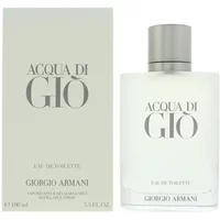 Clear glass bottle with silver cap, labeled "Acqua Di Gio" by Giorgio Armani, next to matching box, 100ml size.