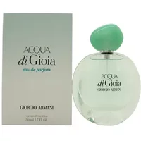 Clear glass bottle of Giorgio Armani Acqua Di Gioia Eau De Parfum, 50ml, with a turquoise cap and matching box.