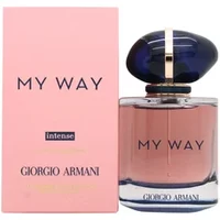 Giorgio Armani My Way Intense Eau De Parfum 50ml, pink box, blue cap, clear bottle with pink liquid.