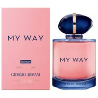 Giorgio Armani My Way Intense perfume, 90ml, pink bottle with blue cap, next to matching pink box.