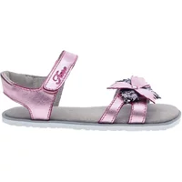 Pink girl's sandals Fare Bare Summer with ankle strap, floral bow detail, and gray sole.
