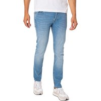 Light blue slim-fit jeans with subtle fading, mid-rise waist, and classic five-pocket design by Jack & Jones.