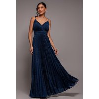 Navy blue sleeveless pleated A-line maxi dress with lurex shimmer and V-neckline.