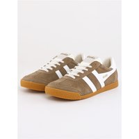 Tobacco brown Gola men's trainers with white stripes, gum sole, and white laces.
