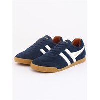 Navy suede Gola Harrier trainers with off-white stripes, moody orange accents, and gum sole, size 9.
