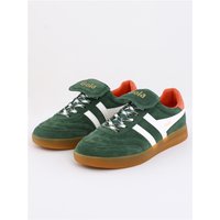 Gola Womens Classics Stadia '86 trainers, evergreen with off-white stripes, gum sole, and orange lining.