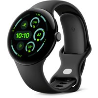 Black Google Pixel Watch 3 with 45 mm AMOLED touchscreen, digital display, and sleek black band.