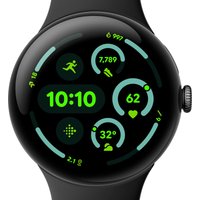 Black Google Pixel Watch 3 with 45 mm AMOLED touchscreen, digital display showing fitness stats, and black band.