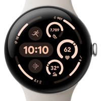 Google Pixel Watch 3 with 45 mm silver case, AMOLED touchscreen, digital display, and beige band.