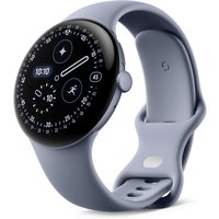 Blue Google Pixel Watch 4 with 45 mm AMOLED touchscreen, digital display, and sleek band design.