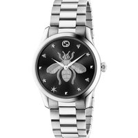 Gucci G-Timeless unisex watch with silver bracelet, black dial, and bee motif surrounded by stars.