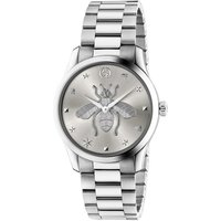 Gucci G-Timeless 38mm watch, silver stainless steel band, bee motif on dial, star and heart markers.