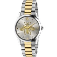 Gucci G-Timeless 38mm watch with silver-gold bracelet, bee motif on dial, and star hour markers.