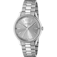 Gucci G-Timeless men's watch, silver dial, date display, stainless steel bracelet, and textured bezel.