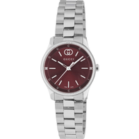 Gucci G-Timeless ladies watch with red dial, silver hour markers, and stainless steel bracelet.