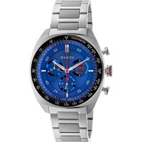 Gucci YA142317 men's watch, silver stainless steel band, blue chronograph dial, black bezel with white markers.