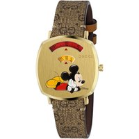 Gucci Disney Grip watch, 35mm, gold-tone face, Mickey Mouse design, brown GG monogram strap.