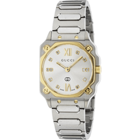 Gucci ladies watch with silver dial, gold-tone bezel, and silver link bracelet, featuring Roman numerals and diamond markers.