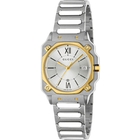 Gucci YA166506 unisex watch, silver dial, gold-tone bezel, Roman numerals, and silver link bracelet.