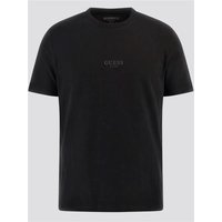 Black Guess T-shirt with front logo, short sleeves, crew neck, size small.