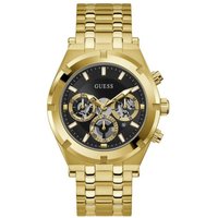 Gold Guess GW0260G2 men's watch with black dial, gold markers, and three subdials on a gold link bracelet.