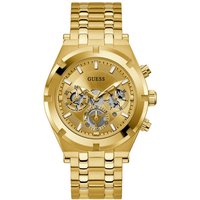 Gold-tone Guess GW0260G4 men's watch with link bracelet, chronograph subdials, and textured bezel.