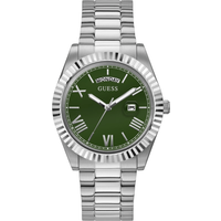 Silver Guess GW0265G10 men's watch with green dial, Roman numerals, day-date display, and link bracelet.